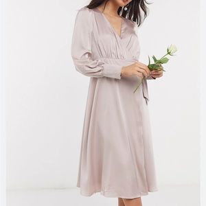 TFNC pink sateen midi wrap dress